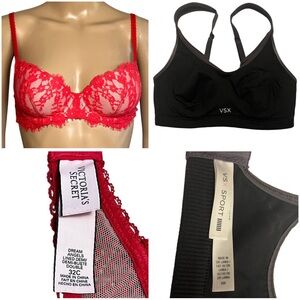 VICTORIA'S SECRET 32 C Bras Black Underwire Sports Pink Dream Angels Lined Demi